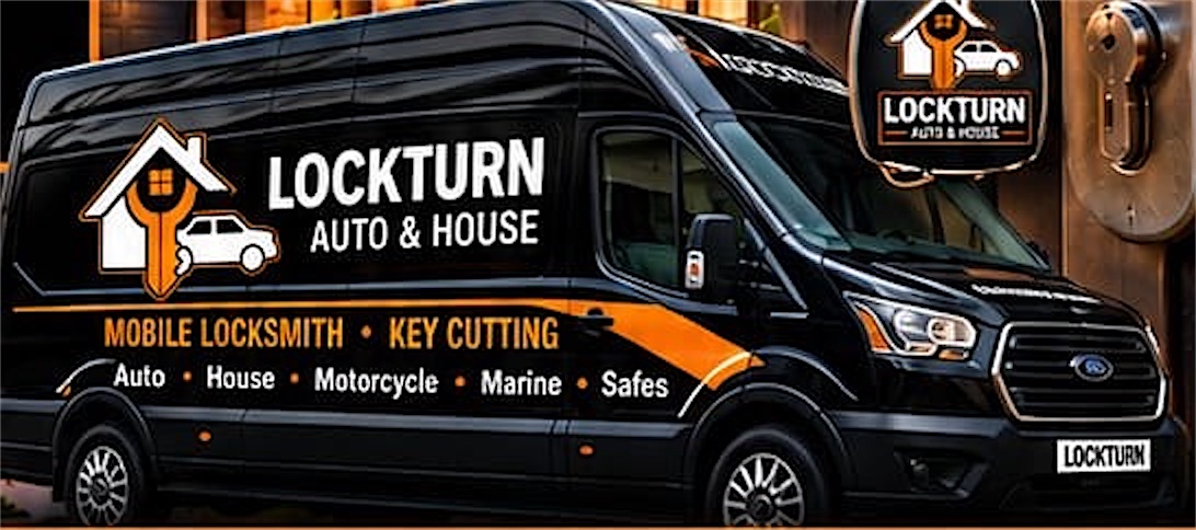 The black Lockturn van with orange mobile locksmith branding